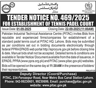 Pakistan Industrial Technical Assistance Centre Lahore Tender Notice